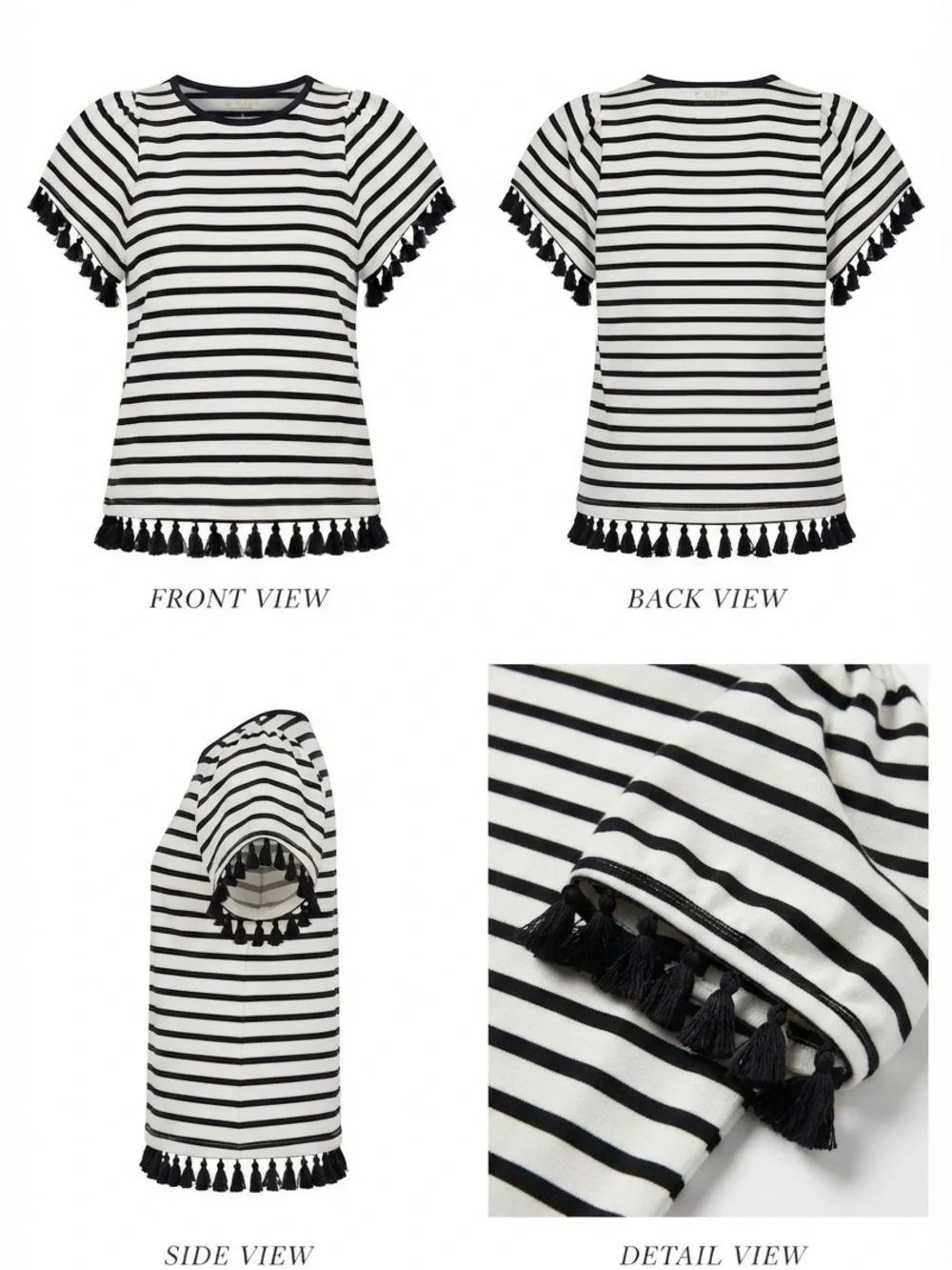 Kate Spade Black and White Striped Short-Sleeve Tassel Trim Top Size Large